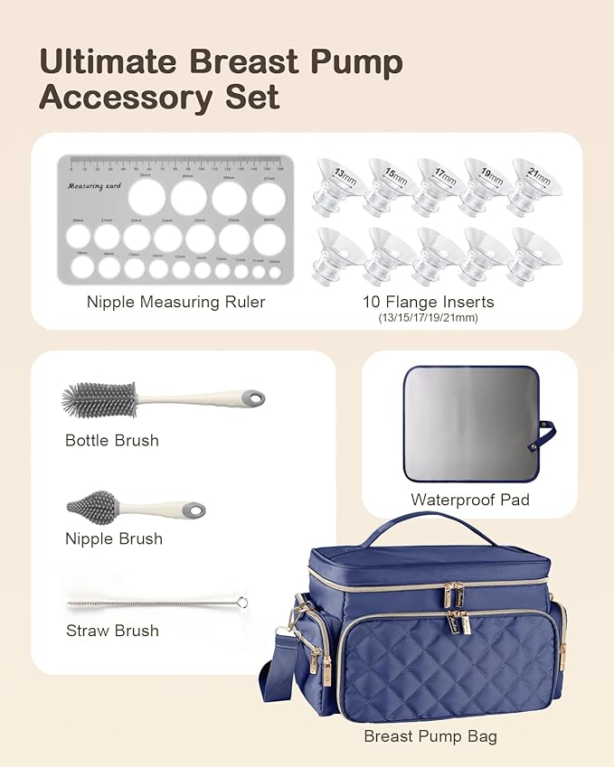 Breast Pump Bag Kit for Spectra S1/S2, Pumping Bag with Bottle Brush Set, 10Pcs Flange Inserts for 24mm Flange, Nipple Ruler, Waterproof Mat, Pump Carrying Case for Work Travel, Navy Blue
