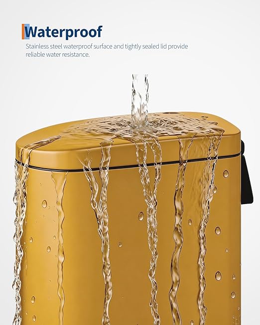 Garvee 2.6 gal / 10 L Metal Bathroom Trash Can with Lid, Slim Waterproof Garbage Can for Bedroom, Small Step-on Trash Bin with Inner Bucket, Rear Handle, Soft Close Lid, Yellow