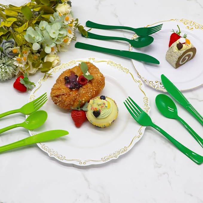 180 PCS Gradient Green Plastic Silverware Heavy Duty Green Cutlery Disposable Set Include 60 Forks, 60 Knives, 60 Spoons for Birthday, Graduation Party, Christmas, St. Patrick's Day