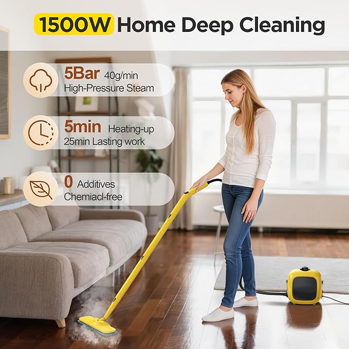 All-in-1 Steam Cleaner with 25 PSI High-Pressure Boiler, 21-Piece Accessory Kit, Portable Handheld & Floor Steamer for Tiles, Grout, Furniture and Car, Chemical-Free Deep Cleaning,3 Colors Selection