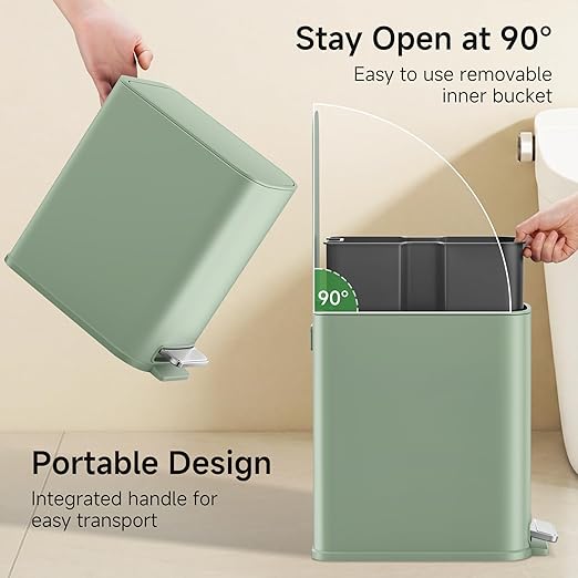 TIPGO Small Bathroom Trash Can with Lid Soft Close, Step Pedal, 1.3 Gallon / 5 Liter Stainless Steel Slim Garbage Can for Office, Diaper Waste Basket with Removable Inner Bucket (Green)