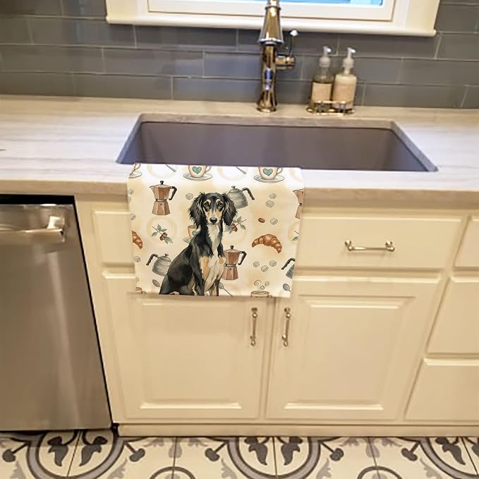 Caroline's Treasures Black and Tan Saluki Coffee Bar Kitchen Towel Velour Plush Front and Cotton Loop Back Machine Washable