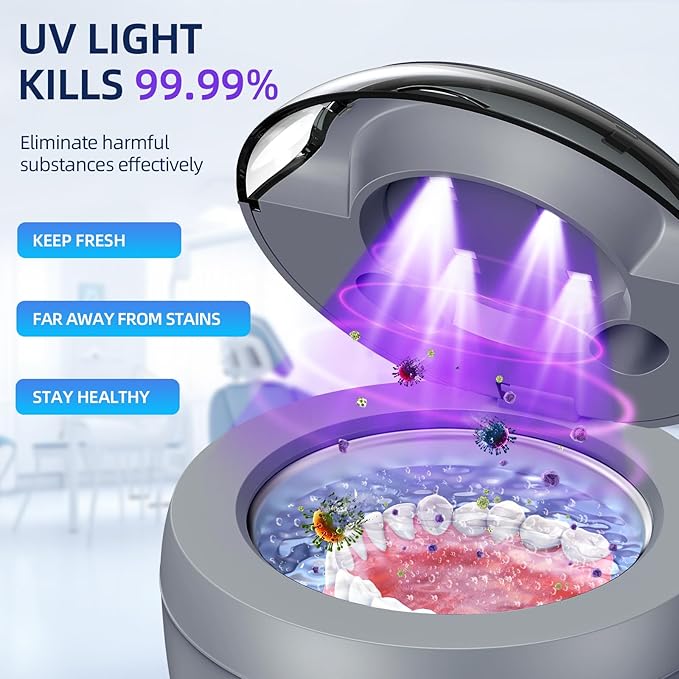 Ultrasonic Retainer Cleaner Machine, 45kHz Ultrasonic Denture Cleaner with 200ML Capacity & 4 Modes for Dental Cleaning Pod, Aligners, Mouthguards, Retainers, Jewelry, Grey
