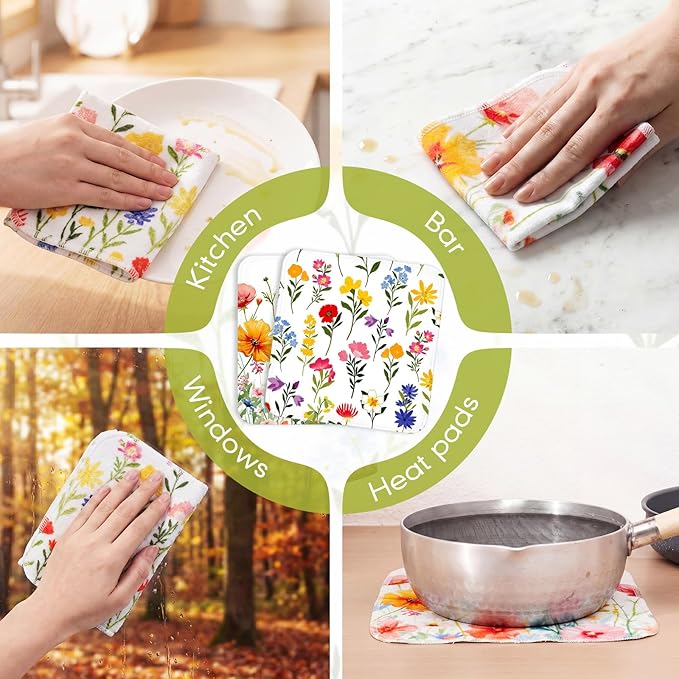 Redbaker 50 Pcs Reusable Paper Towels Paperless Reusable Cotton Cloths Toilet Absorbent Washable Paper Towels with Roll Kitchen Dishcloth for Kitchen Paperless Dishcloths (Wildflower)