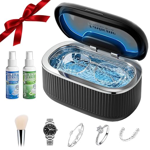 Ultrasonic Jewelry Cleaner Machine with 2×100ml Cleaning Solution, 45kHz Sonic Cleaner for Rings, Glasses & Watch Band, 550ML Stainless Steel Tank, 5 Timer, 3 Power Levels, Degas Mode-Black