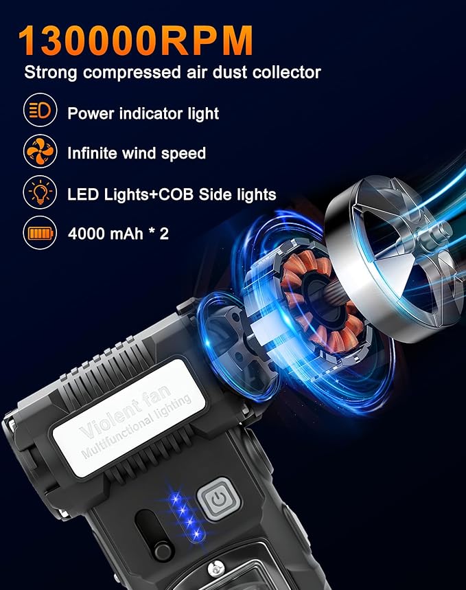 Compressed Air Duster, 130000RPM Electric Air Duster, 2-Gear Adjustable Mini Blower with LED Light, USB-C Electric Air Blower, Dust Blower for Keyboard, PC Vents, Car & Home Home,Outdoor Dusting