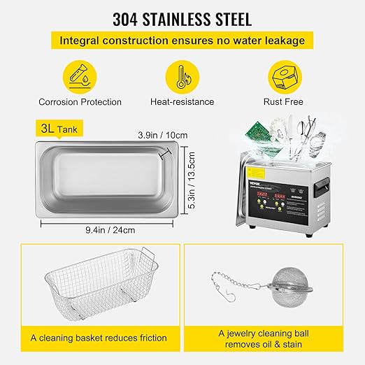 VEVOR 3L Upgraded Ultrasonic Cleaner (200W Heater,120W Ultrasonic) Professional Digital Lab Ultrasonic Parts Cleaner with Heater Timer for Jewelry Glasses Parts Cleaning