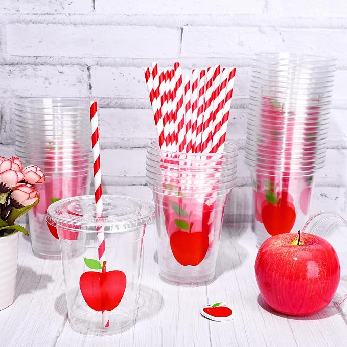 Whaline 50 Pcs Back to School Apples Disposable Plastic Cups with Lids and Straws 12 Oz Red Apples Cold Beverage Drinking Cups for First Day of School Teacher Party Supplies