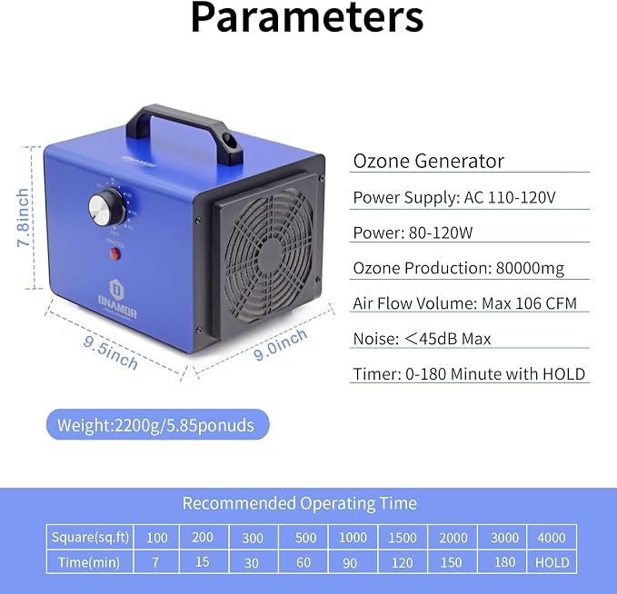 ONAMOR Ozone Generator 80000mg, Ozone Machine Odor Removal, Ozone Ionizer Deodorizer, High Efficiency Ozone Odor Eliminator for Home, Car, Smoke, Basement and Pet Room, Blue