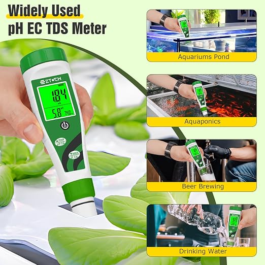 pH Meter for Water Hydroponic with Calibration Solution, 4 in 1 pH Meter with pH 4.0 7.0 & EC 1413μS/cm Calibration and Probe Cleaning Solution for Water, Pool, Aquarium, Fish Tank