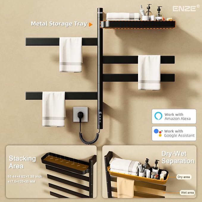 ENZE Smart Rotating Heated Towel Rack for Bathroom, 4-Bar Wall-Mounted Electric Towel Warmer with Swivel Shelf, Wi-Fi App Control, 24H Timer, Stainless Steel, IPX5, Hardwired/Plug-in, Matte Black