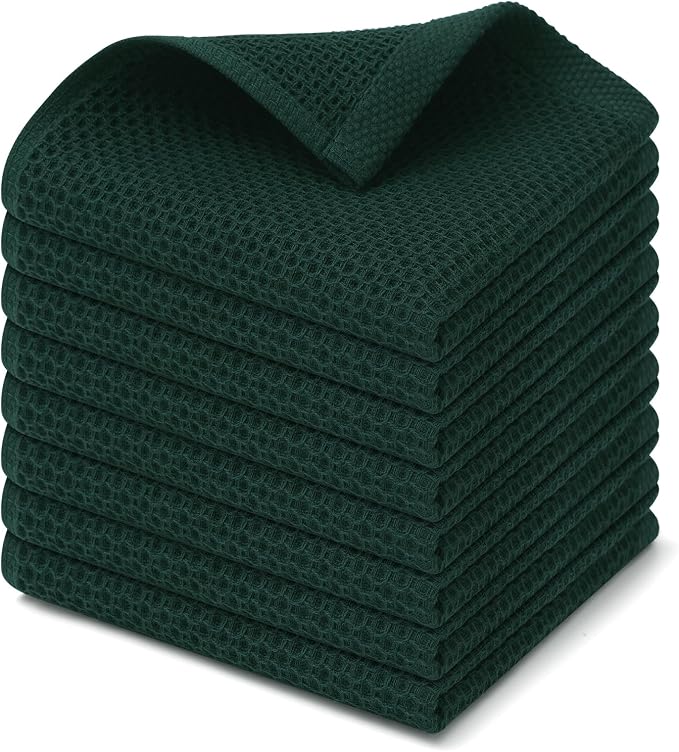 Kitinjoy 100% Cotton Kitchen Dish Cloths (12 X 12 Inches, Blackish Green), 8 Pack Waffle Weave Ultra Soft Absorbent Dish Towels for Drying Dishes Quick Drying Kitchen Towels Dish Rags