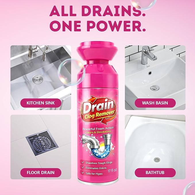 Foaming Drain Cleaner, Drain Clog Remover, Sink Hair Cleaner and Deodorizer, Pipe-Safe Foam Cleaner for Kitchen Sinks Bathroom Drains Showers Tubs, Fast Odor Control, Easy Foam Care (2Pcs)