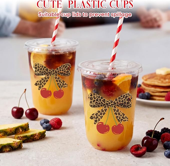 LemonRoad 50sets 16oz Leopard Cherry Cups Bow Cherry Birthday Party Decorations Supplies Cute Plastic Cups Disposable with Lids and Straws for Valentines Galentines Day Christmas Wedding Baby Shower