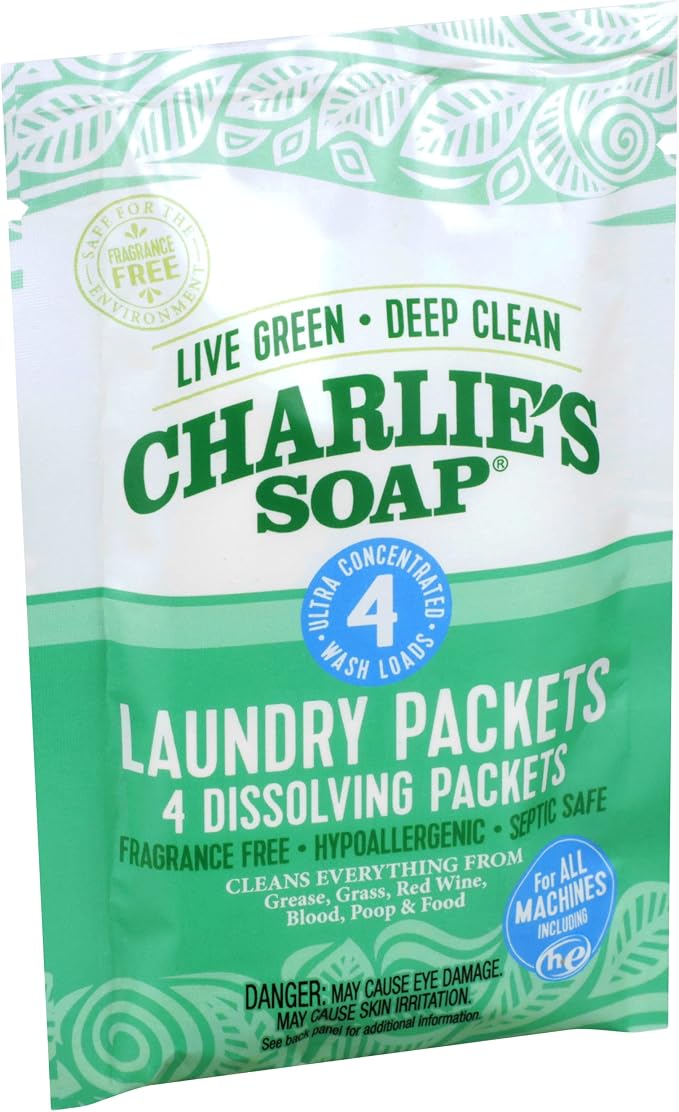 Charlie's Soap - Unscented Laundry Packets - Travel Size (2 Pack, 8 Total Loads)