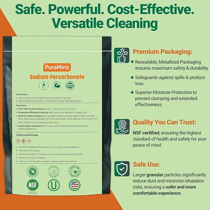 Sodium Percarbonate (10 LBS) – High‑Purity, Unscented, Chlorine-Free Laundry Booster, Eco-Friendly Stain & Odor Remover, Multipurpose Cleaner – Oxygen Bleach Powder