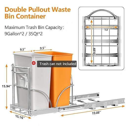 ANASTA Dual Pull Out Trash Can Under Cabinet Rack, No Can Included, Under Sink Trash Can Pull Out Holds Double 7-9 Gal/2 * 35 Qt Recycle Bin Garbage Can Combo, Inside Cabinet Size ≥16''W 22" D 17''H