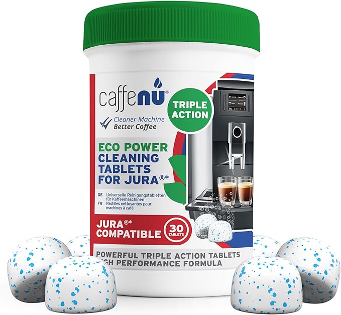 Caffenu Jura Compatible Cleaning Tablets. 30 Tablets Cleaning. Coffee Cleaning Tablets - Cleans Internal Parts, Portafilter, Inaccessible Areas. Use On All Home & Pro Jura Coffee Machines.