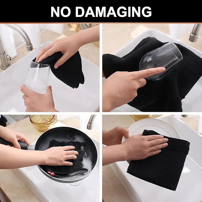 Homaxy Kitchen Towels and Dishcloths Set, 12 x 12 and 13 x 28 Inches, Set of 10 100% Cotton Waffle Weave Kitchen Towels, Super Soft and Absorbent Dish Cloths, Black