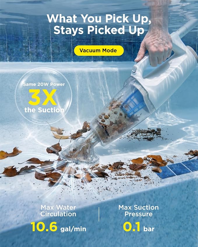InoKraft 2-in-1 Cordless Handheld Pool Vacuum & Hot Tub Cleaner, Swap-On Replaceable Battery, High Suction for Above Ground Pools, Spa Vacuum with Stick Pump Drain Mode for Silt & Sand