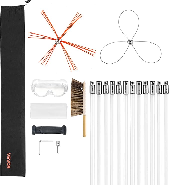VEVOR Chimney Sweep Kit, 39 ft Maximum Extendable Length Chimney Brush, Chimney Cleaner Sweeper with Dual Brush Heads & Bristle Replacements, Fireplace Cleaning Tool for Square, Rectangle Chimneys