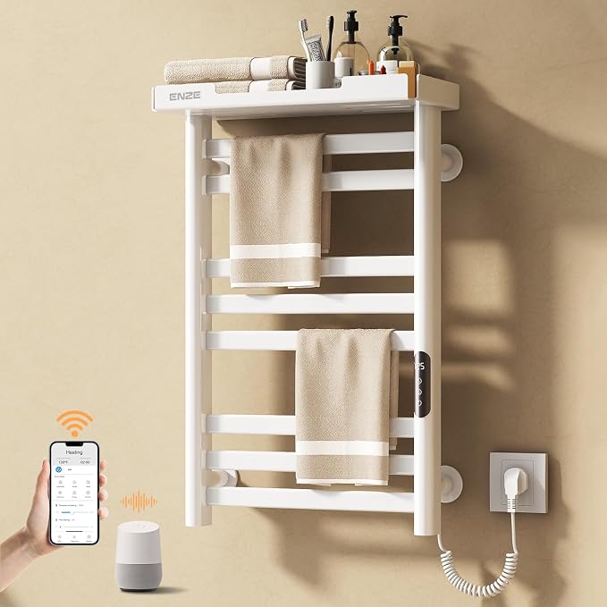 ENZE Smart Heated Towel Rack, 8-Bar Wall-Mounted Electric Towel Warmer with Shelf, Wi-Fi App Control, Adjustable Temperature & 24H Timer, Low Carbon Steel, IPX5, Plug-in/Hardwired, White