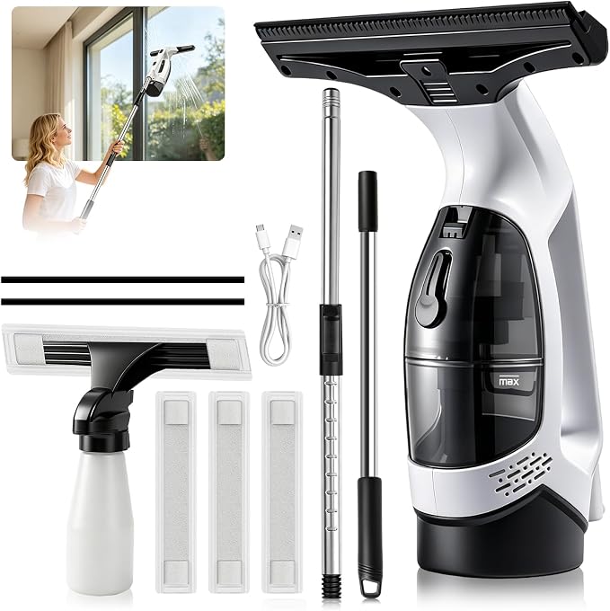 Window Vacuum Squeegee with Extendable Pole 31-40", 2000Pa Electric Window Cleaning Tool with 2200mAh and 150ml Dirty Water Tank, Long Handle Squeegee for Windows, Shower Doors, Mirrors, and Tiles