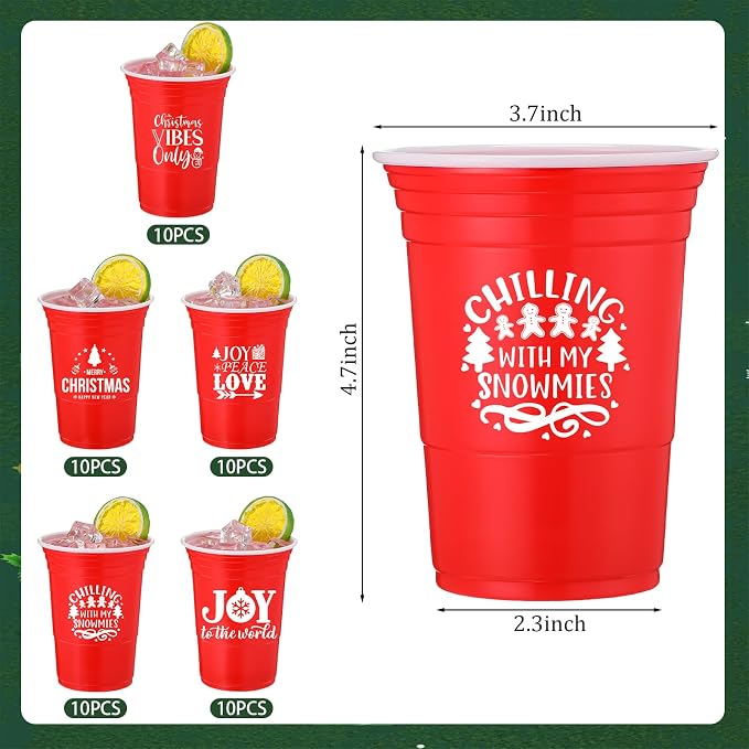 Zhehao 50 Pcs Christmas Cups 16 oz Christmas Plastic Disposable Party Bulk Red Joy Merry Xmas Cups for Drinking Party Supplies Decoration Beverage Coffee Snacks Beer, 5 Styles