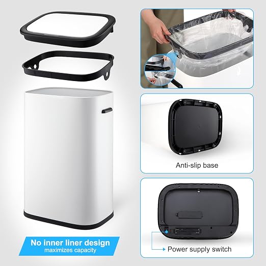 14.5 Gal/55L Trash Can with Lid, Automatic Touchless Garbage Can with Soft-Close Lid & Handle, Stainless Steel Waste Basket Motion Sensor Trash Can for Kitchen, Bathroom,White(No Inner Bucket)