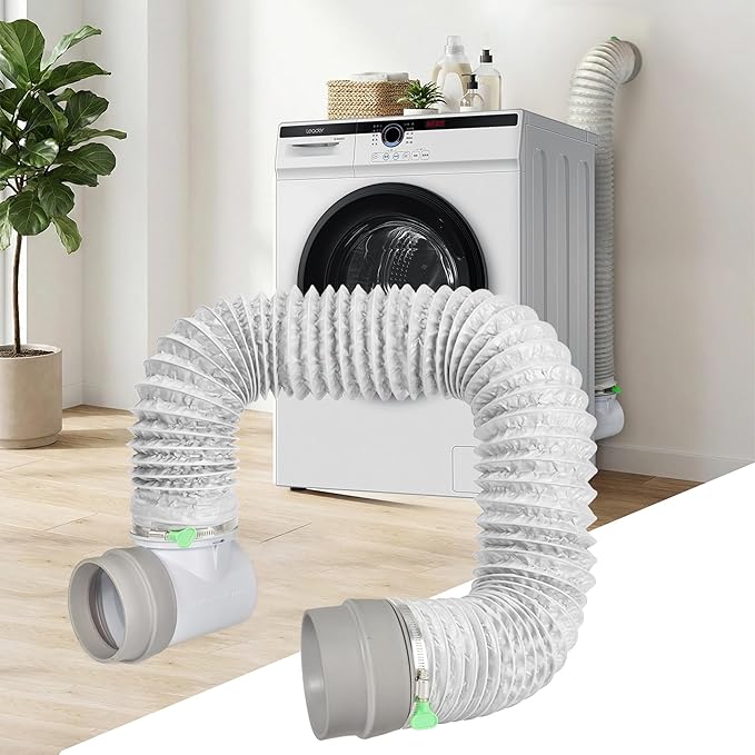 Dryer Vent Hose Connector Kit for Tight Spaces, 90° Elbow-to-Straight with White 4-Inch 6.5FT PVC Hose, White Elbow & Gray Straight Connectors, Tool-Free Installation