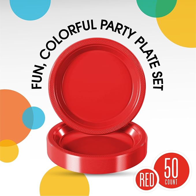 Exquisite Party Solids Red Plastic Plates For Party Supplies 9" Red Disposable Plates Heavy Duty 50 Pcs Plastic Dinnerware Sets Heavy Duty 350 GSM Disposable Dinnerware Set