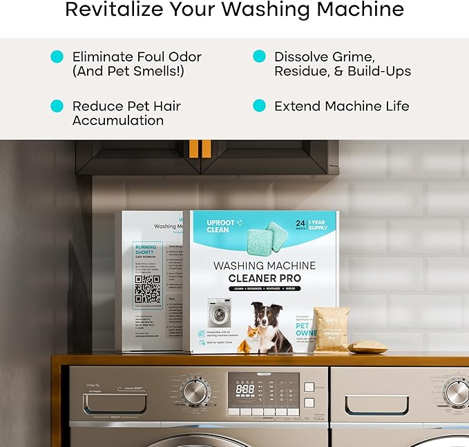 Uproot Clean Washing Machine Cleaner Tablets Pro & Dryer Sheets Pet Hair Reduction Set: Anti-Static Sheets Pet Hair Remover for Laundry & Washer Machine Cleaning Tablets - Spotless Laundry Every Time