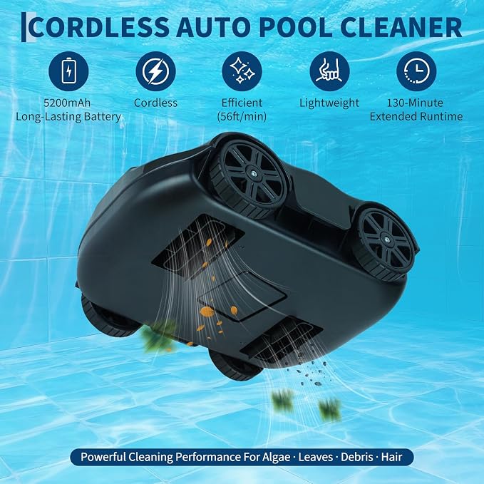 GarveeTech Robotic Pool Cleaners Cordless Robotic Pool Cleaner for Above Ground Pools - 130 Min Runtime, Self-Charging, Cleans Up to 860 Sq Ft, Lightweight & Portable Design