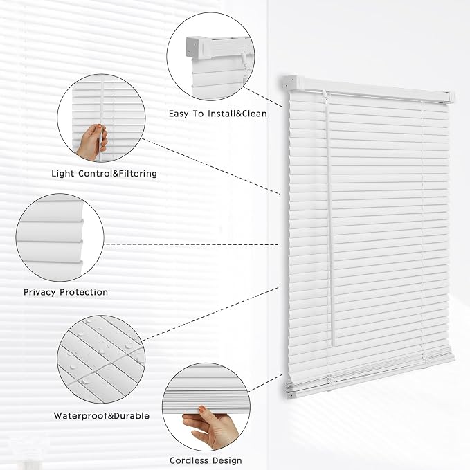 Changshade Vinyl Window Shades Pull Down Venetian Mini Blinds 1Inch Slat Cordless Light Filtering, Horizontal Window Blinds for Home Office, Inside Outside Mount Easy to Install, 35" Wx64 H, White
