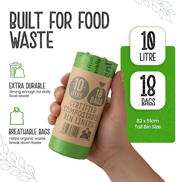 Eco Green Living 100% Compostable Caddy Liners, Biodegradable Food Waste Bags. Plastic & BPA-Free 10L Bin Liners, Vegan, Recyclable, Leakproof Kitchen Waste Bags, 6 Pack,108 Bags