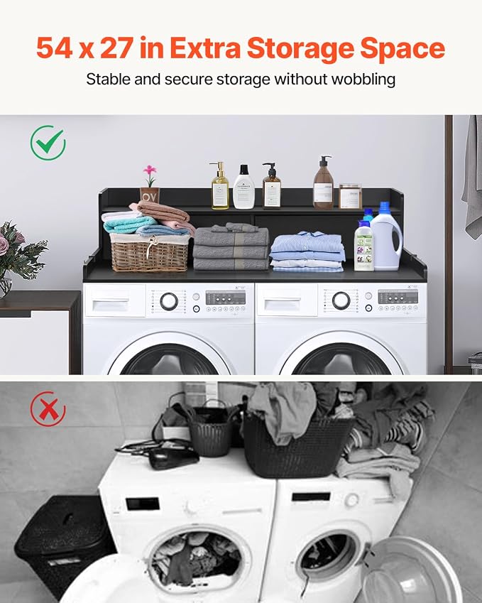 VEVOR 2 Drawers Washer Dryer Countertop with Shelf, 54" x 27" Wooden Laundry Countertop with 2 Hooks & Non-Slip Pads, Washer and Dryer Covers for The Top, Laundry Room Organization and Storage, Black