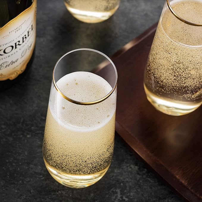 Munfix 36 Pack Stemless Plastic Champagne Flutes, Disposable 9 Oz Gold Rim Clear Plastic Toasting Glasses Shatterproof Recyclable and BPA-Free