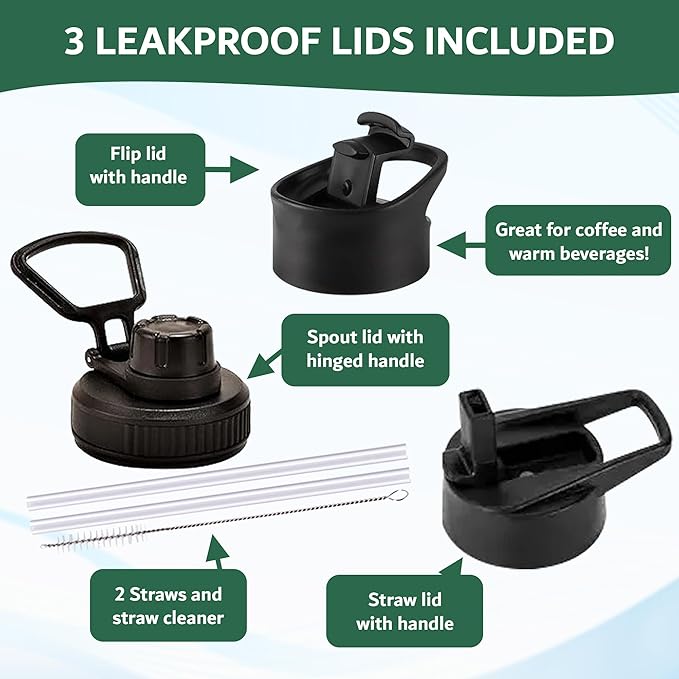 Travel Water Bottle with 3 Lids (Spout, Straw, Flip) Leak Proof, Quality, Vacuum Insulated, Stainless Steel (Day & Night, 18 oz)