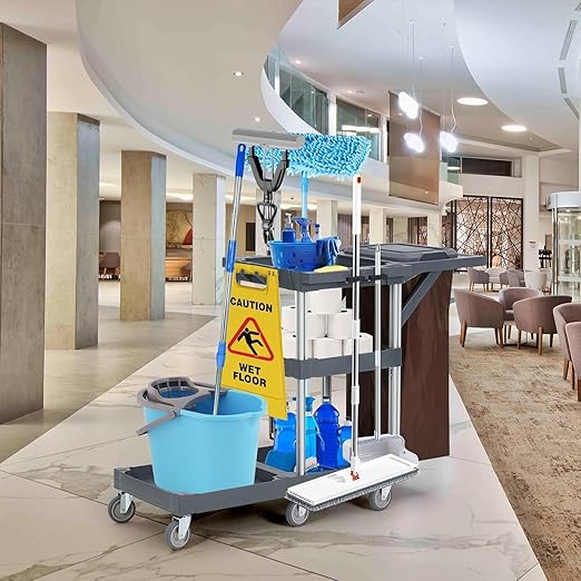 Commercial Traditional Janitorial 3-Shelf Cleaning Cart On Wheels with Cover and Vinyl Bag, Custodial Cart, Housekeeping Carts for Hotels, Stores, Schools, and Business
