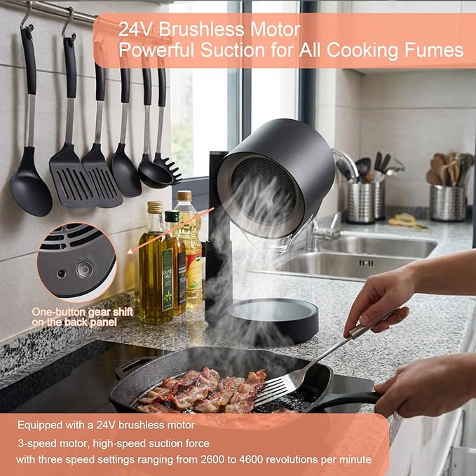 Portable Range Hood 2026 Upgrade, 3 Speed Low Noise Desktop Exhaust Fan, Detachable Aluminum Grease Filter & Oil Cup, Telescoping Compact Ductless Vent for Indoor Outdoor BBQ Hot Pot RV Cooking