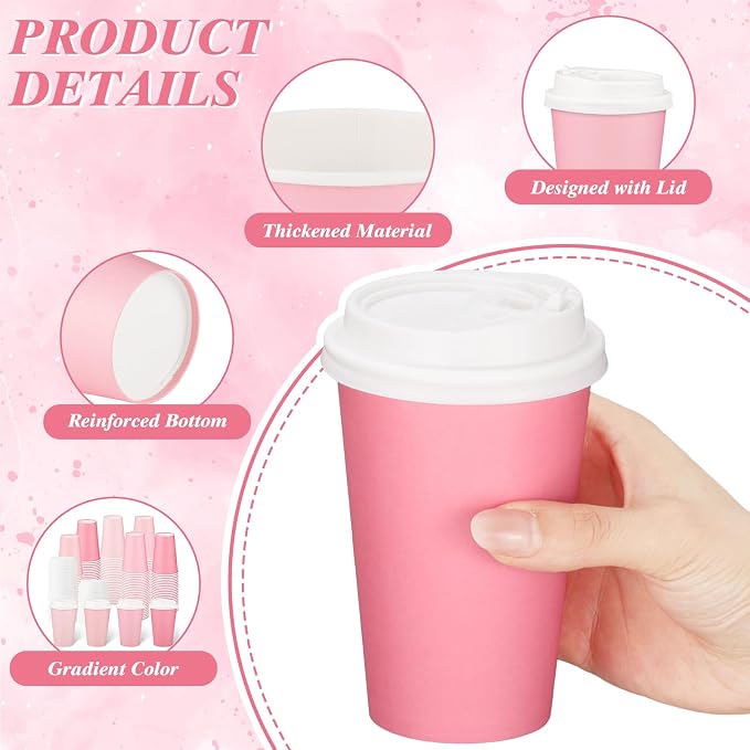 NatNarr 100 Pack Pink Coffee Cup with Lids Sleeves, 12oz Insulated To Go Paper Cups Gradient Pink Party Cups Disposable Paper Cups, Drinking Cup for Wedding Birthday Baby Shower Tea Party Supplies