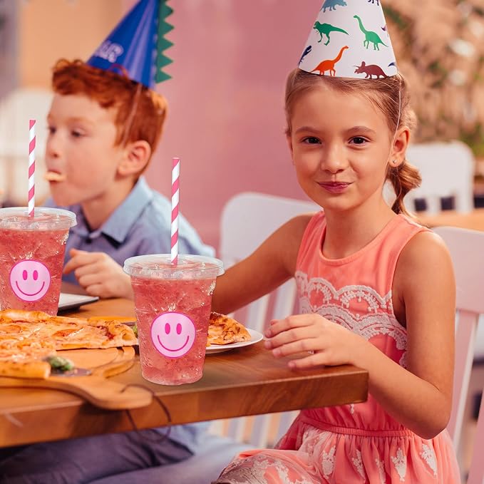 Whaline 50 Pcs Preppy Smile Face Cups with Lids and Straws 12oz Pink Happy Face Disposable Plastic Party Cups Happy Smile Cold Beverage Drinking Cup for Birthday Party Baby Shower Wedding