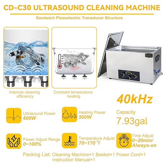 30L Ultrasonic Cleaner Professional Power-Adjustable Knob Jewelry Cleaning Machine with Heater Timer for Carburetor, Jewelry, Glasses, Dentures, Circuit Boards, Automotive Parts