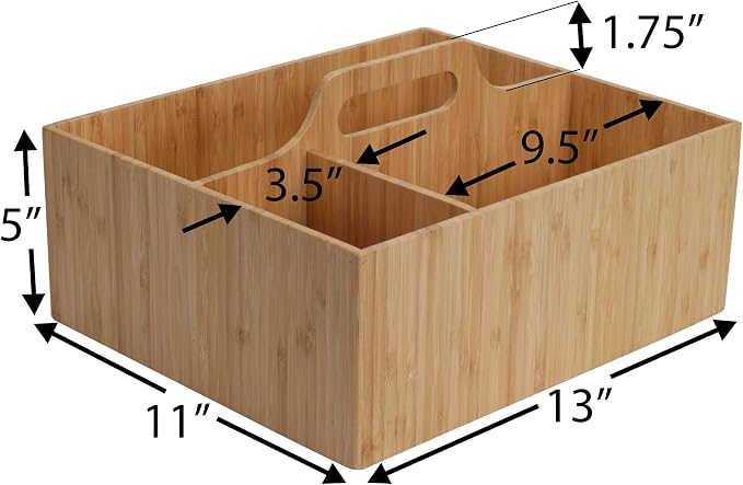MobileVision Bamboo Multi-Purpose Caddy with Handle, 3 Sections, Sturdy Durable Carrier for Cleaning Supplies, Spray Bottles, Towels, Sponges and more