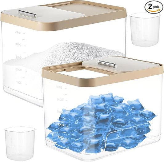 Large Laundry Pods Container with Slide Lid, Laundry Room Organization for Booster Beads with Measuring Scoops, Laundry Pods Holder for Scent Booster, Powder, Pods. (Clear 2-Pack)