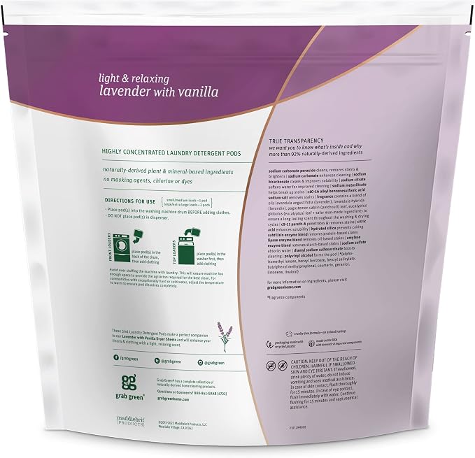 Grab Green 3-in-1 Laundry Detergent Pods, 132 Count, Lavender Vanilla | Plant & Mineral-Based; Enzyme-Powered; Velcro Closure; Laundry Brightener; Stain Remover