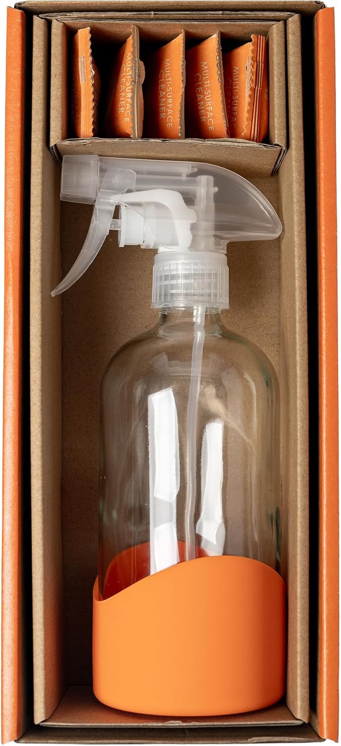 Eco Multi-Surface Cleaner Starter Kit – Refillable Glass Spray Bottle + 6 Eco Tablets – Plastic-Free, Plant-Based, Non-Toxic – Orange Scent – Zero Waste