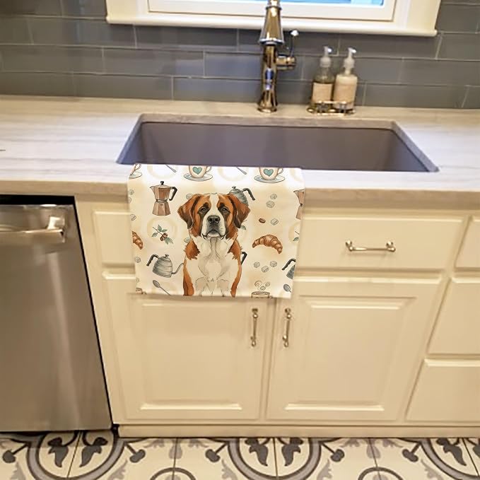 Caroline's Treasures Brown and White Saint Bernard Coffee Bar Kitchen Towel Velour Plush Front and Cotton Loop Back Machine Washable