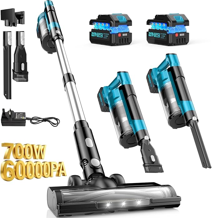 700W Cordless Vacuum Cleaners for Home with 2*Battery 8000mAh,Brushless Rechargeable Stick Vacuum with 3 Mode, 6 in 1 Portable Handheld Cordless Vacuum for Pet Hair/Hardwood Floor/Dorm (Blue)