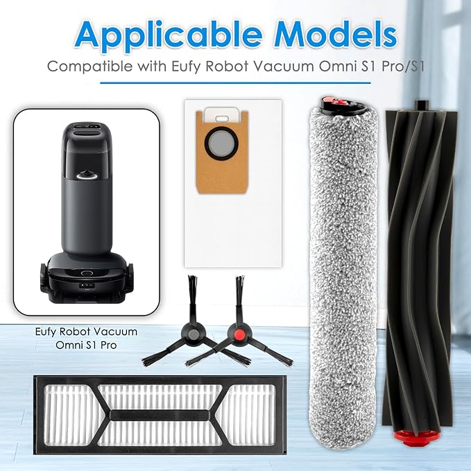(20 Pack) Omni S1 Pro Replacement Parts Compatible with Eufy Omni S1 Pro Robot Vacuum Cleaner, Accessories Kit, 2 Rubber Roller Brushes, 2 Roller Mops, 6 Side Brushes, 5 Dust Bags, 5 HEPA Filters